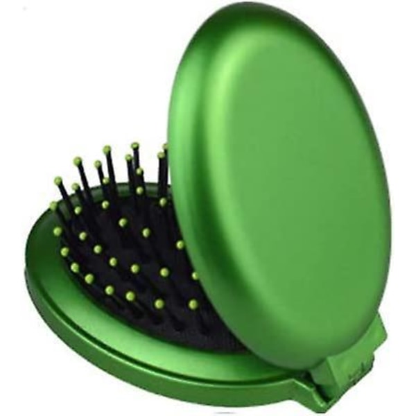 Kompakt grön mini hopfällbar hårborste med spegel och hårbottenmassager för kvinnor och flickor