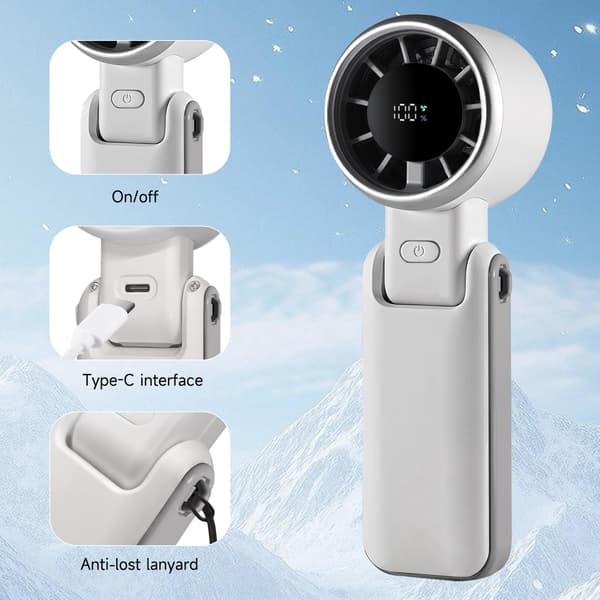 Håndholdt USB-blæser, 5 hastigheder, 180° vip, sammenklappelig, LED-display, hvid White