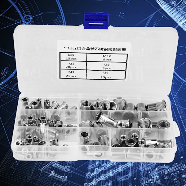 93 stk. gevindindsats 1 kasse M3, M4, M5, M6, M8, M10 304 rustfrit stål blindnitte møtrik sæt
