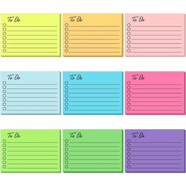 9 farverige sticky notes 100 x 71 mm Genanvendelige sticky notes til kontor og hjem