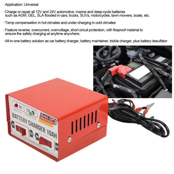 Smart Bilbatteriladdare - Snabb Laddning och Reparation, 6V/12V Justerbar, Röd, EU-kontakt, 110-220V