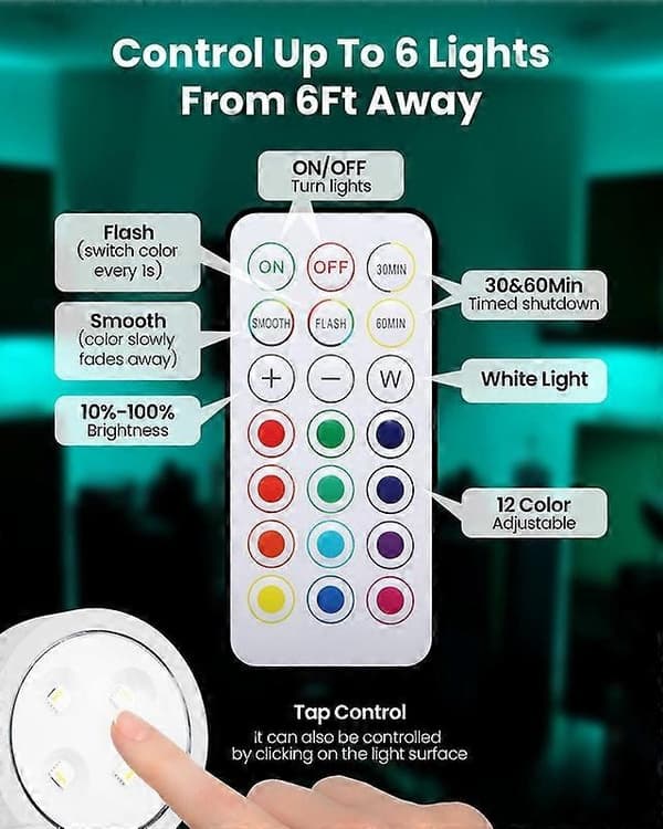 LED Puck Lights with Remote Control, Wireless Cabinet Lights, 13 Colors
