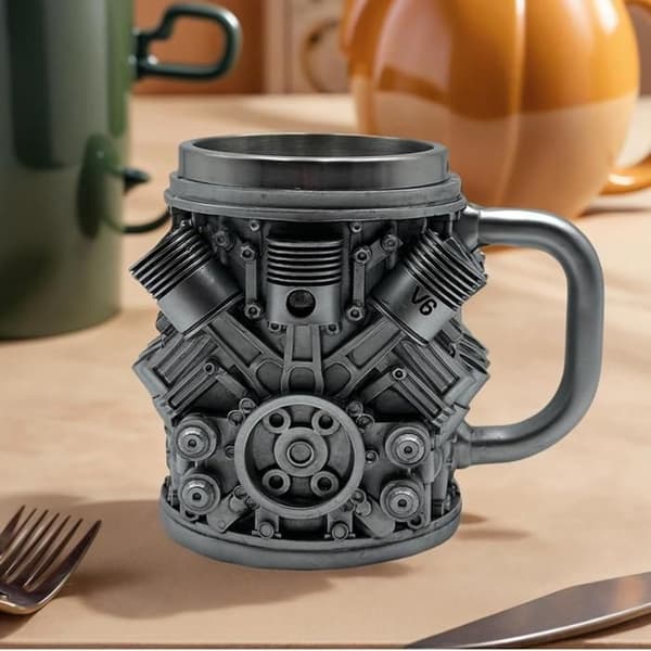 Kaffekrus i rustfrit stål med motordesign, 425 ml isoleret tekrus til bilentusiaster