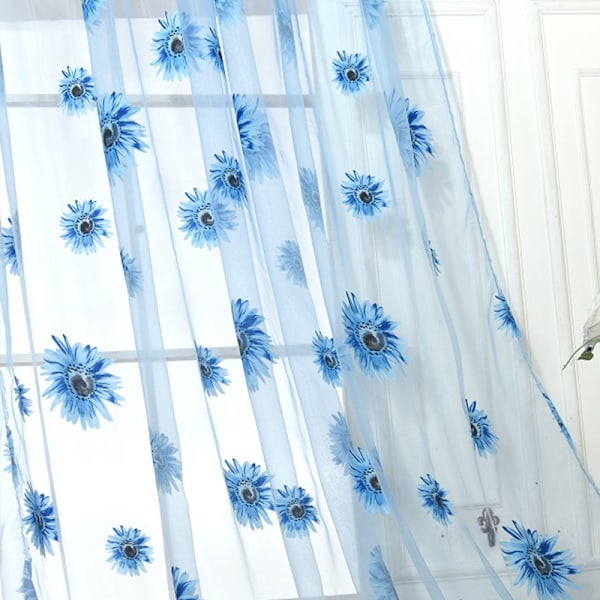 Auringonkukkakuosi Verho Koti Dekoraatio Polyesterikuitu Ikkuna Tulle Verho Kukka Organza Verho Sininen 100x200cm/39.37x78.74in