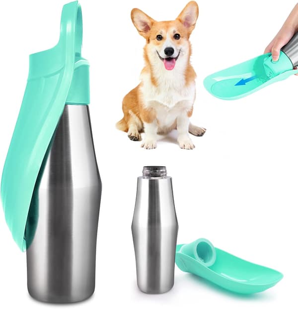 Hundevandflaske - 750 ml - 180° Foldbar - Bærbar - Rustfrit stål - Til træning - Grøn - 1