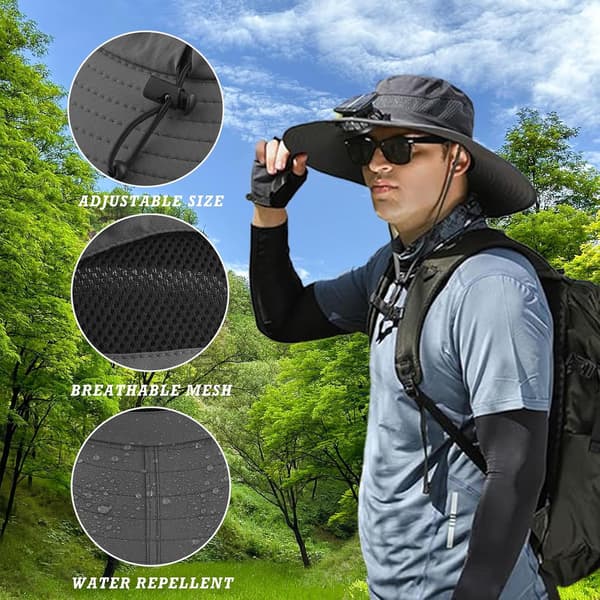 Solar ventilatorhat, bredskygget solar ventilatorhat, solar + USB dobbelt strømforsyning, perfekt til udendørs fiskeri, campingentusiaster Black