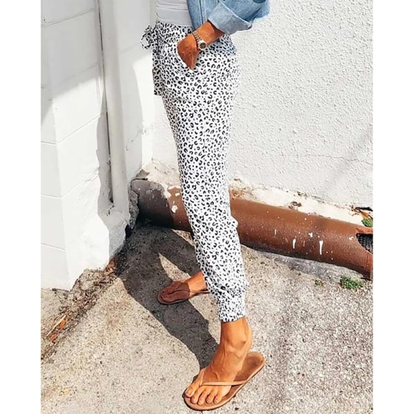 Damebukser Leopardprint Snøring Knyt Elastisk midjebukser Løse Uformelle Loungebukser med lommer Hvit XL