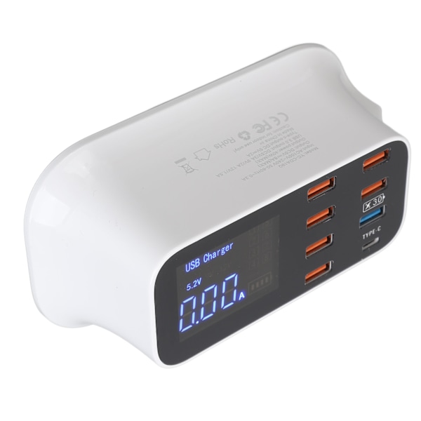 USB-latausasema 8 porttia, latauskeskus 40W USB3.0 Type C LED-näyttö, piiri suojaus puhelimille, tableteille, 100‑240V EU-pistoke