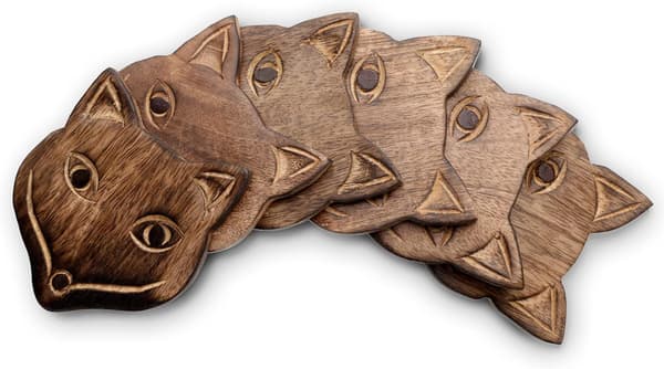 Sett med 6 brikker med holdere - Håndlagde trebrikker for kaffe, te, krus, kopp, vinglass (revdesign) fox