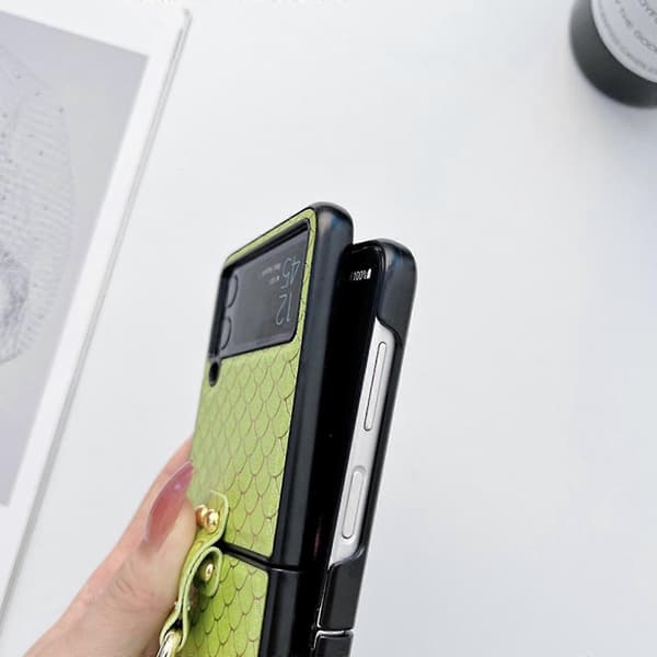 Fish Scale Pattern Case Compatible with Samsung Galaxy Z Flip 4, Shockproof PU Leather Cover with Ring