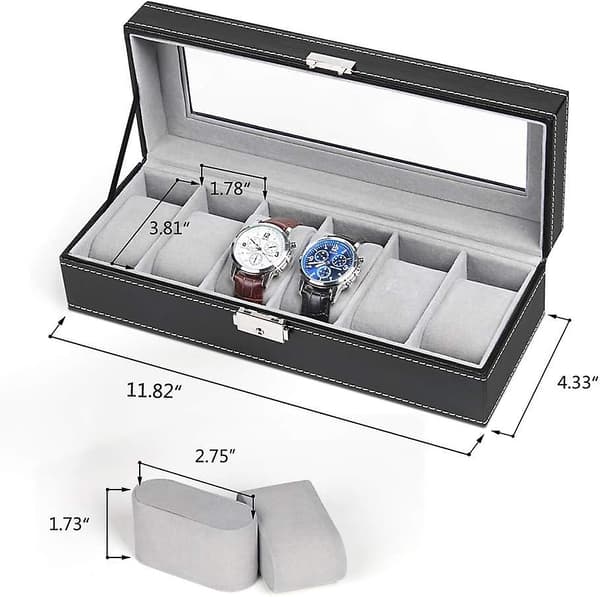 6-rums læder urboks med glasdisplay, smykkeorganisator, sort