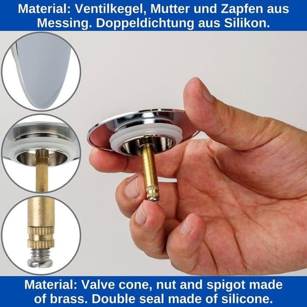 Universal badekarsprop 72 mm, prop i forkromet messing med silikonepakning, justerbar 32-52 mm