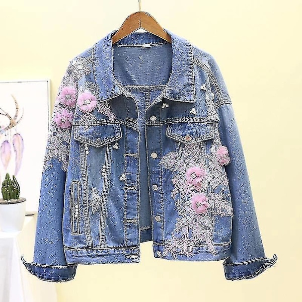 Brodert 3D Blomster Denimjakke - Vår/Høst Casual Yttertøy S Rosa