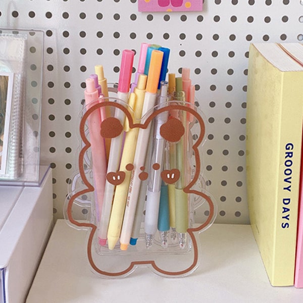 Transparent pennhållare multifunktionell söt tecknad akryl sminkborste förvaringslåda för kontorsbord sminkbord Happy Bear
