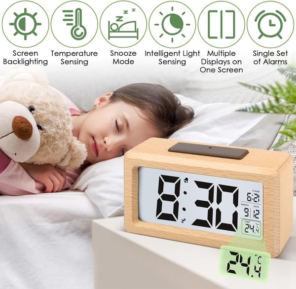 Wooden Digital Alarm Clock LCD Non-Ticking Digital Clock with Date Temperature Display Battery Operated Alarm Clock with Snooze Function