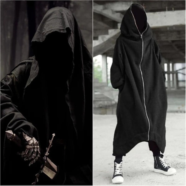 Lang Unisex Grå Nazgul Hettelongfrakk med Glidelås