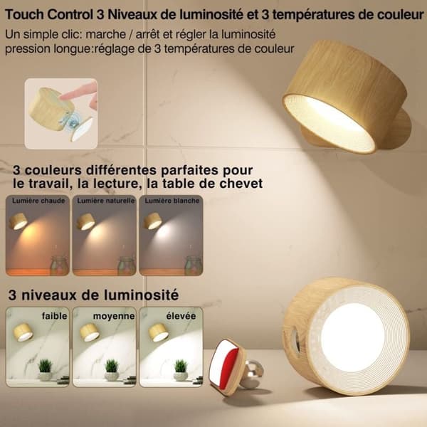 Indoor Wall Lamp, Touch LED Wall Light with USB Charging Port, Touch Control, 3 Brightness Levels 3 Temperatures