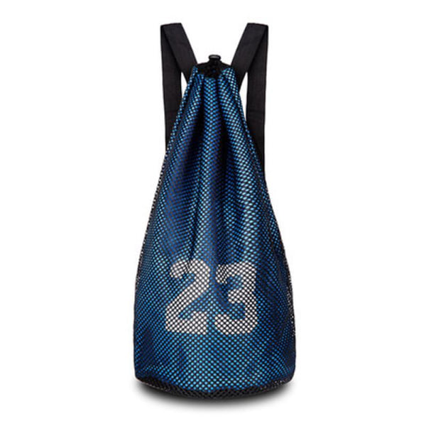 Basketryggsäck (blå, rymmer två bollar) med dragsko, bollpåse, justerbara remmar för basket, fotboll, volleyboll, sport, träning