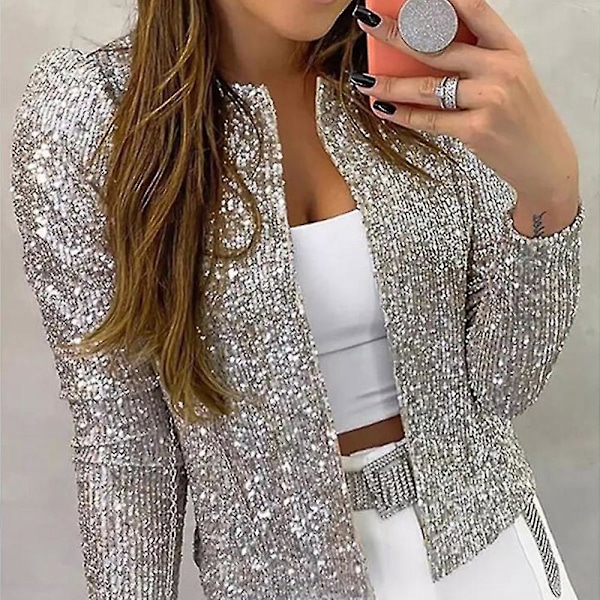 Glimtende Sequin Åben Front Cardigan Jakke til Kvinder - Champagne