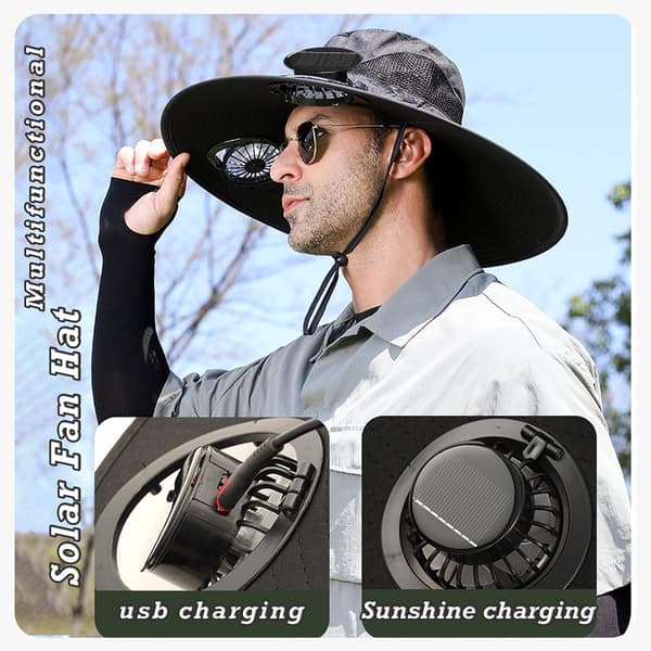 Solar ventilatorhat, bredskygget solar ventilatorhat, solar + USB dobbelt strømforsyning, perfekt til udendørs fiskeri, campingentusiaster Khaki