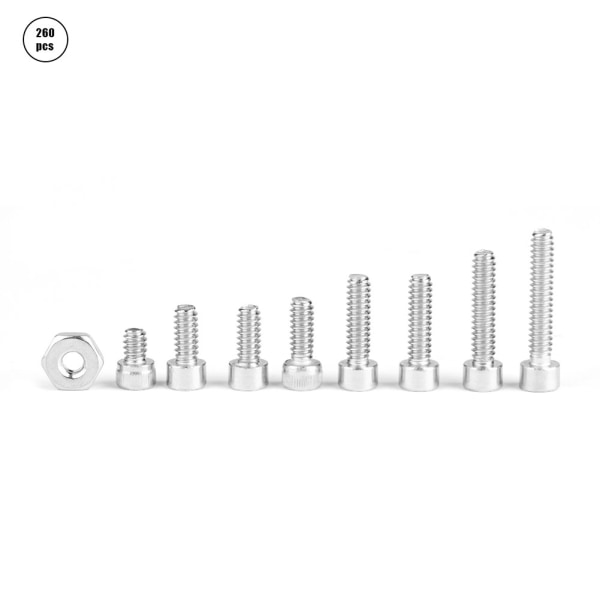 260 stk./sæt #6-32 rustfrit stål sekskant sokkelhoved skruer og møtrikker sortiment