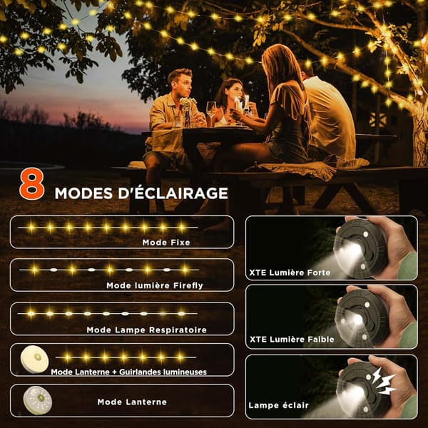 Camping String Lights, 8 Modes, 2000mAh, Lasts Up To 14 Hours, 4 in 1 Portable Rechargeable Outdoor String Light.