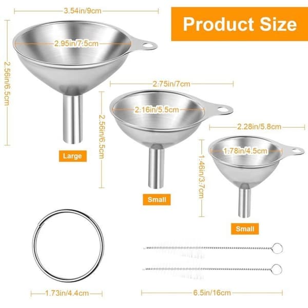 Trattset i 3 delar, trattar i rostfritt stål, liten tratt (4,5 cm/5,5 cm/7,5 cm)