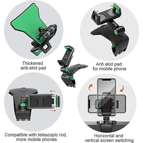 Bilhållare för instrumentbräda - 360° Justerbar klämma - Passar 3-7 tum smartphones (Svart-Grön)