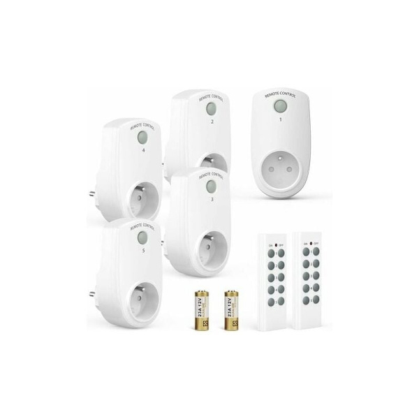Set of 5 Programmable Outlets, Wireless Remote Control with 2 Remotes, 2 Batteries Included, 30 m Range
