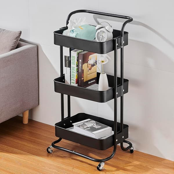 Kitchen Trolley Kitchen Shelf, with Handle and Lockable Wheels, Suitable for Bathroom and Kitchen, Black
