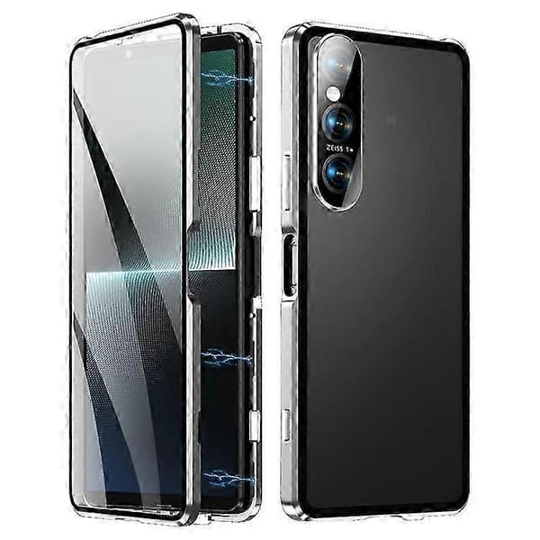 Xperia 1 V Magnetfodral - Metallram Härdat Glas Framsida, Klar PC Baksida, Skydd & Stil Silver