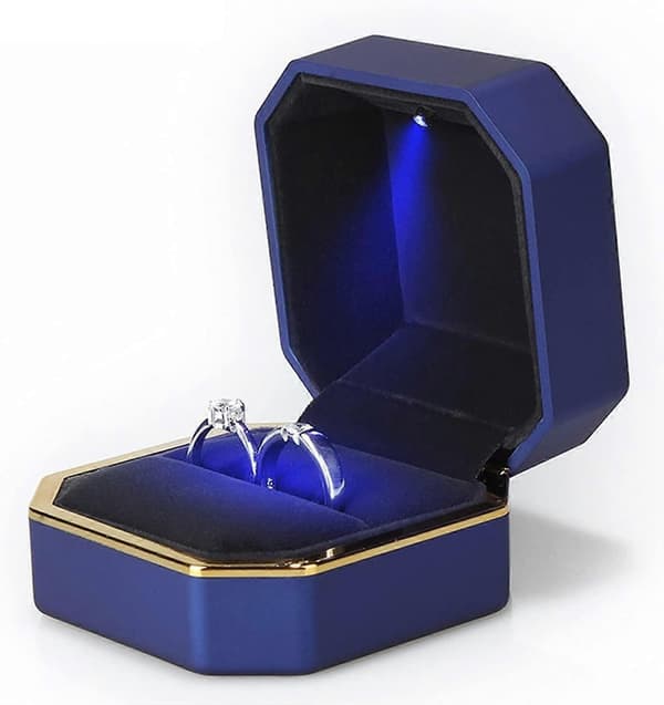 Luxury Ring Box, Velvet Ring Holder Case Jewelry Box Storage Gift Box with LED Light, Blue