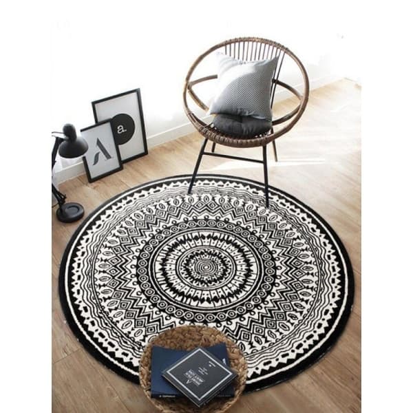 Rundt Tæppe 100cm Sort Mandala Blødt Badeværelsestæppe Skridsikkert Vaskbart Accent Tæppe Fluffy Gulvmåtte til Entré Stue Soveværelse Børneværelse