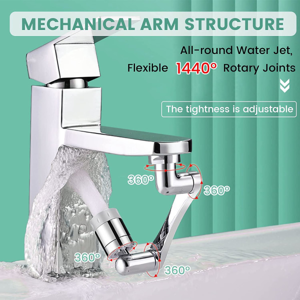 Universal 1440° roterande kranmunstycke, vattenbesparande kranluftare med två sprutlägen, vattensparare för köksbadkran