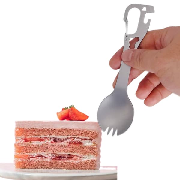 5 i 1 Spork i Rustfrit Stål Campingbestik med Ske, Gaffel, Flaskeåbner