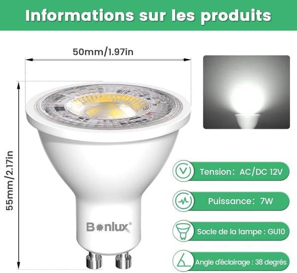GU10 LED Spotlight 7W 6000K Kallvit, 65W Halogenmotsvarighet, MR16 Reflektor 38° Stråle Ej Dimbar AC 230V, 4-pack