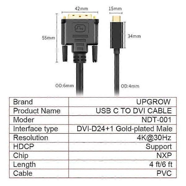 USB C til DVI-kabel 4K@30Hz 1,2M USB Type-C til DVI han