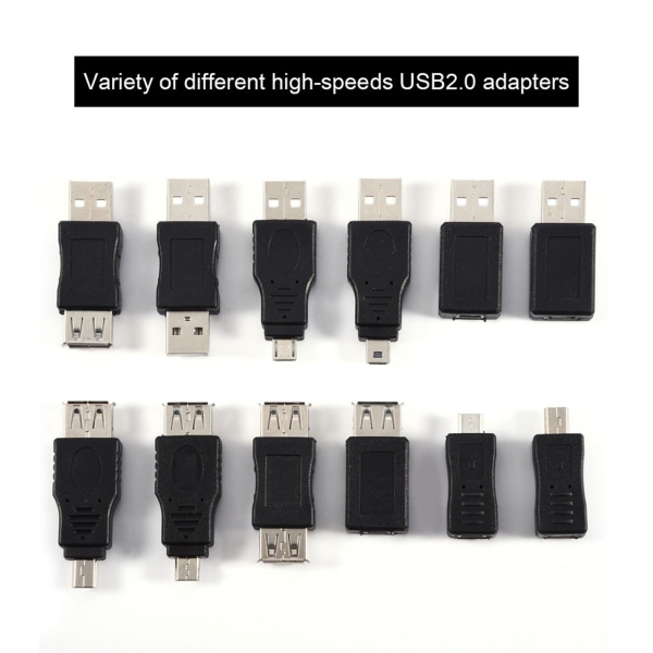 12-pakkaiset USB2.0-sovittimet: Micro/Mini-uros-naarasmuuntimet