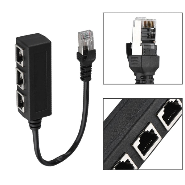 Ethernet-kabelsplitteradapter - 1 han til 3 hunporte, forlængerledning til overførselsforbindelse