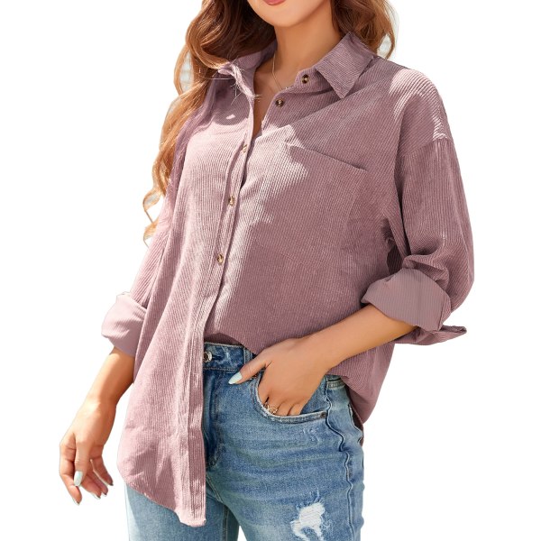 Korffløyelskjorte for kvinner Løs Uformell Elegant ren farge Langermet knappelukking Bluse Topper med lomme Rosa M