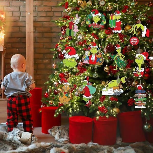 Sæt med 24 juletræspynt i træ, festlige julekugler