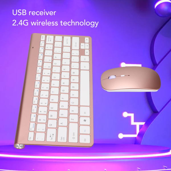 Trådløst tastatur og mus sæt - 78 taster, USB, tynde ætsede tastaturer, ergonomisk design, mute knap, rosa guld