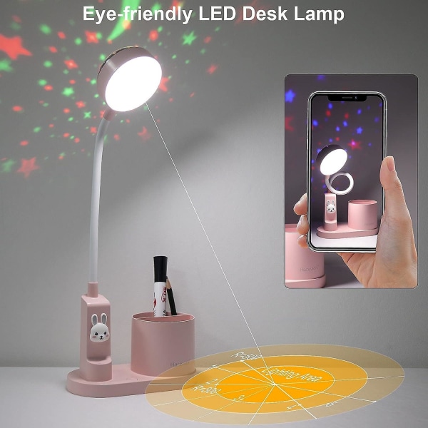 Oppladbar dimmebar LED-bordlampe for barn med penneholder og automatisk fargeendring