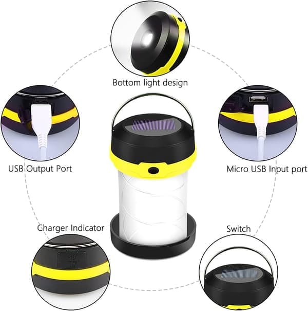 Gul - 1 sammenleggbar campinglykt, 2 solcelle- og USB-lademuligheter, 3 lysmoduser, sammenleggbar campinglykt og krok, egnet for camping