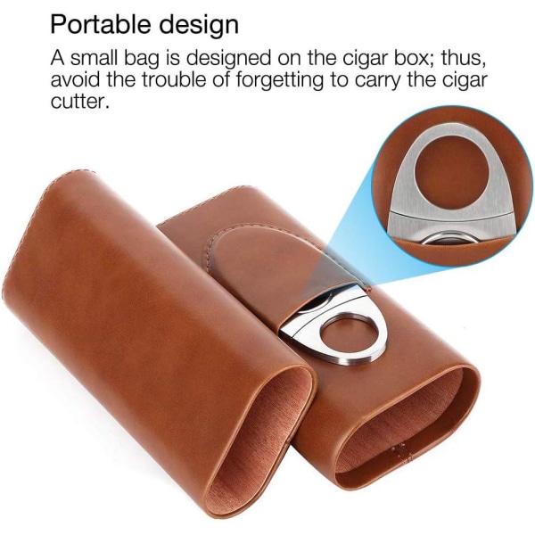 Cigaræske i brunt læder, cigaretui, bærbart cigaretui i læder med foring af cedertræ 3 rør, med cigarskærer i rustfrit stål