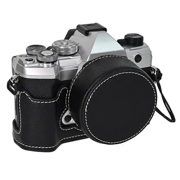 Til Olympus OM-5 Kamerataske Halvt Indkapslet Læderbund med Linsebeskytter - Sort