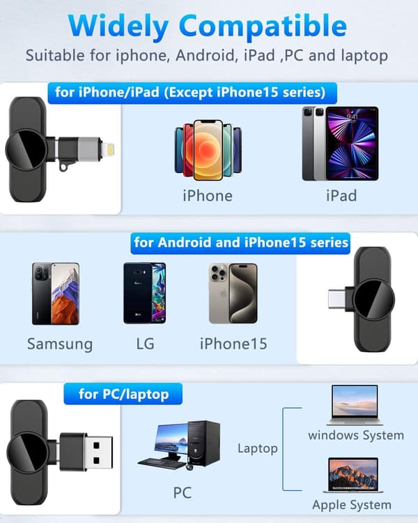 Trådløs Lavalier-mikrofon for iPhone/Android/Telefon/PC/iPad, Trådløse mikrofoner og mottaker, Mini Liten USB Clip-on Lavalier-mikrofon