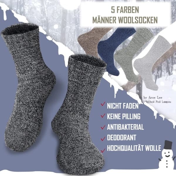 5 par herrstrumpor i ull, tjocka och varma vinterstrumpor för vandring