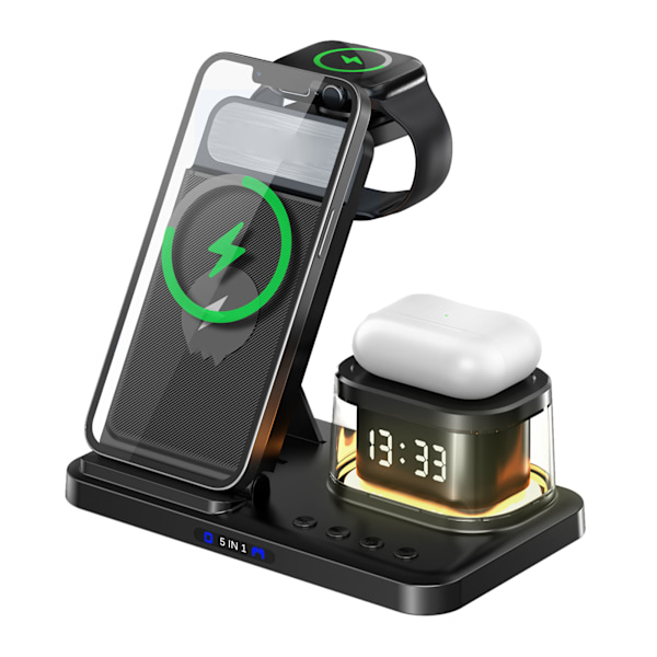 5-i-1 Laddningsstation Klocka Nattlampa Funktion Bärbar Trådlös Laddare för Mobiltelefon Klocka Headset