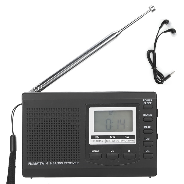 HRD-310 Bærbar Radio Mini Stereo FM/MW/SW-mottaker med digital klokke 3,5 mm øretelefon